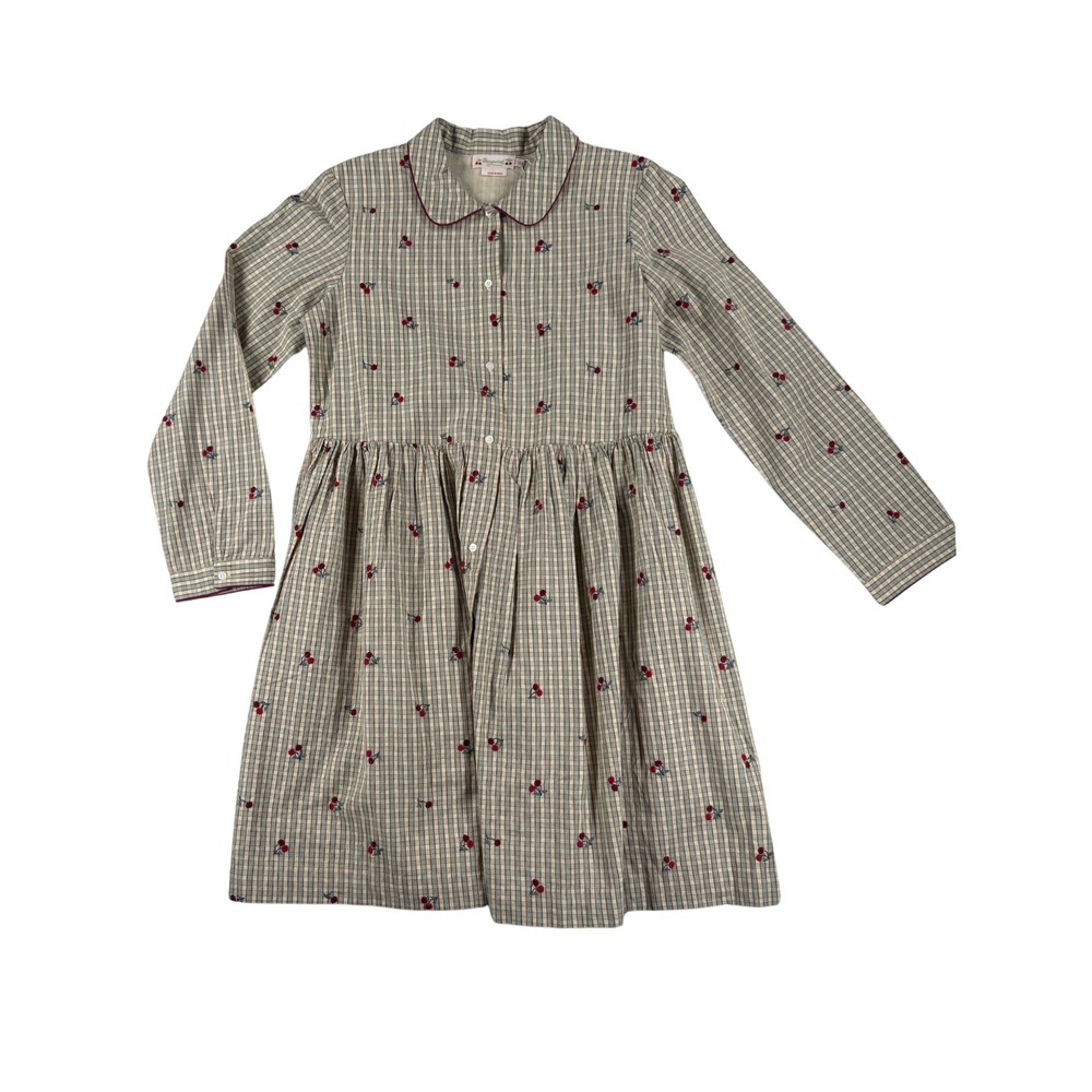 NWT Bonpoint Girls Cherry Embroidered Gingham Dress Long Sleeve 14A